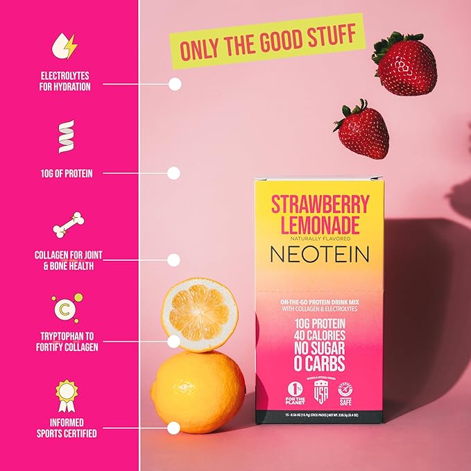 Electrolyte Powder Packets, Protein Powder with 10g Protein & Collagen | Hydration Packets - Zero Sugar, NO Fillers, NO Carbs | Strawberry Lemonade | 40 Calories | Keto & Paleo | Pack of 15