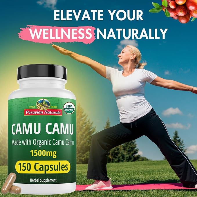 Peruvian Naturals Organic Vitamin C from Camu Camu Capsules 1,500mg - 150 Vegan Pills, Natural Vitamin C from Whole Food Camu Berry Organic, Non-GMO