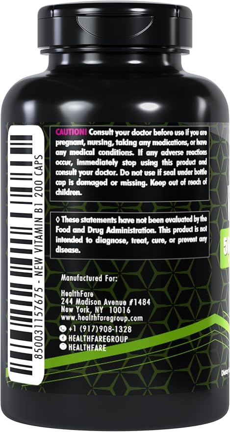 Vitamin B1 500mg | 200 Veg Capsules | Thiamine Supplement | Supports Overall Health | Non-GMO | Gluten-Free
