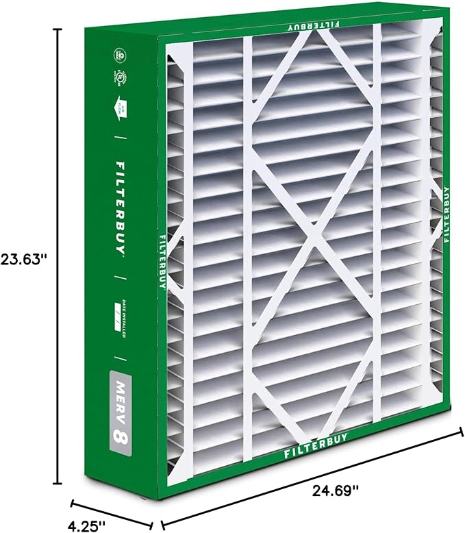 Filterbuy 24x25x5 Air Filter MERV 8 (MPR 700) Dust Defense Replacement (4-Pack), Pleated HVAC AC Furnace Filters for Carrier FILXXCAR0024, Maytag, and More (Actual Size: 23.63 x 24.69 x 4.25)