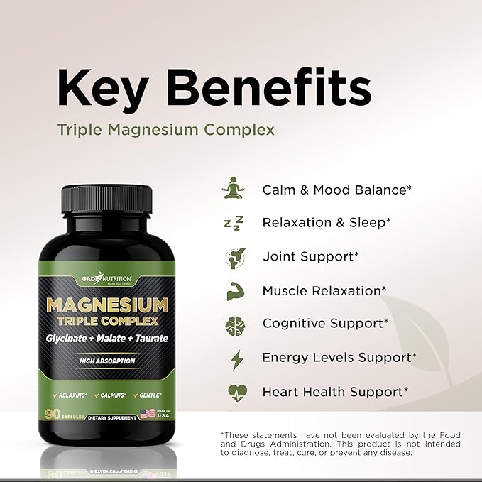 Gade Nutrition Triple Magnesium Complex with Magnesium Glycinate, Magnesium Malate & Magnesium Taurate | Pure Magnesium Supplement for Sleep and Calm, Veggie Capsules | Made in USA