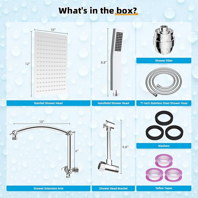 Hibbent All Metal 12'' Filtered Rainfall Shower Head with Handheld Combo, High Pressure Shower Wand, 16'' Adjustable Arc Extension Arm, 20 Stage Shower Filter, 71'' Hose, Shower Head Holder, Chrome