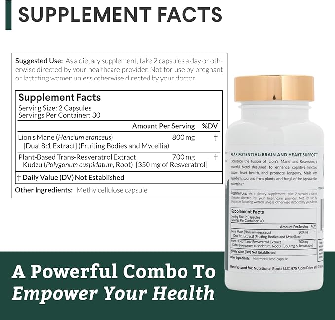 Lion’s Mane + Resveratrol - With 800mg Lion’s Mane Extract & 350mg Trans-Resveratrol Per Serving - Supports Brain & Heart Health - Dietary Supplement - 1 Month Supply - 60 Capsules