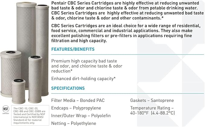 Pentair Pentek CBC-10 Carbon Water Filter, 10-Inch, Under Sink Carbon Block Replacement Cartridge with Bonded Powdered Activated Carbon (PAC) Filter, 10" x 2.5", 0.5 Micron, Pack of 2