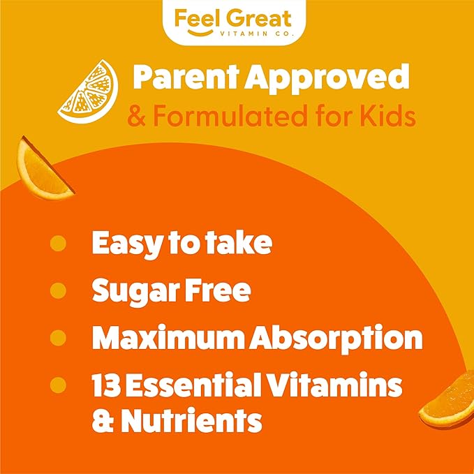 Feel Great Sugar Free Kids Multivitamin – Liquid Multivitamin | Essential Vitamins for Immune Support | Orange Flavored, Vegetarian Formula | 30 Day Supply