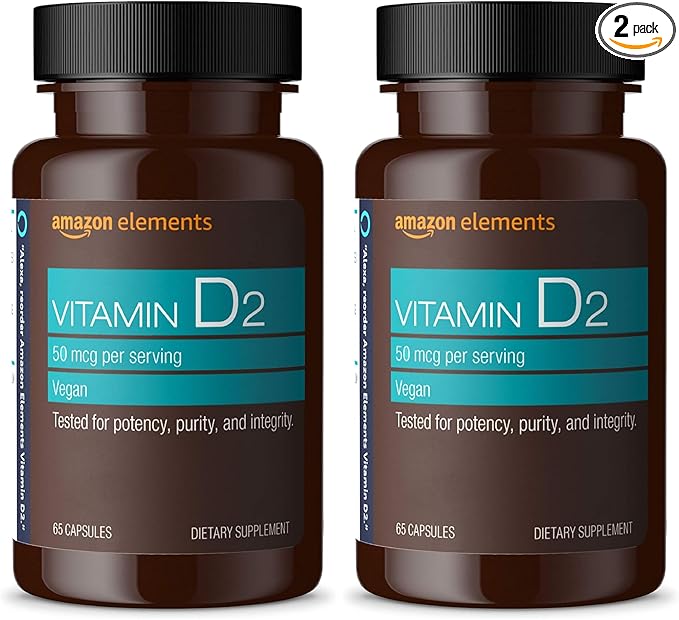 Amazon Elements Vitamin D2 2000 IU, Vegan, 65 Capsules, Supports Strong Bones and Immune Health, 2 Month Supply (Packaging May Vary) (Pack of 2)
