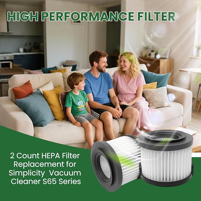 2 Count SF65 Replacement HEPA Filters - Compatible with Simplicity S65/S65S/S65D/S65P Cordless Stick & Handheld Vacuum Cleaners