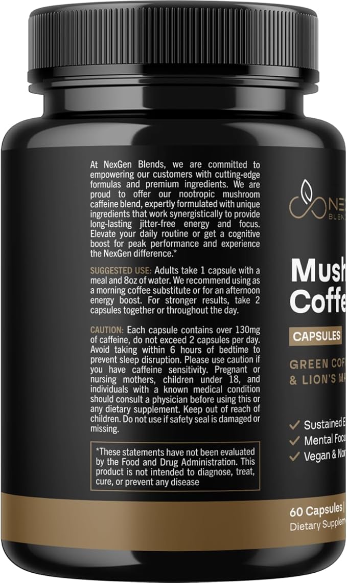 100% Organic Mushroom Coffee Capsules - Natural Energy Supplement with 130mg Caffeine from Clinically Proven Patented Green Coffee Bean & Guayusa Extracts for Jitter-Free Energy & Focus (60 Servings)