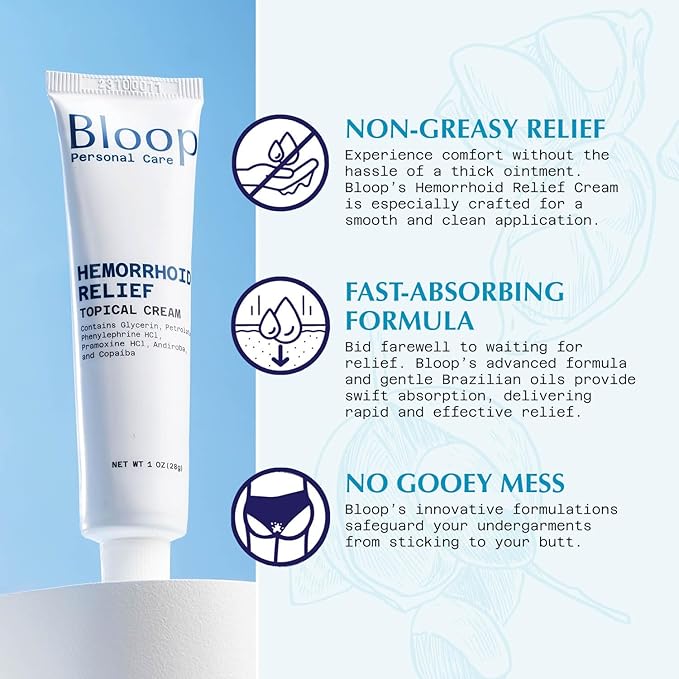 Bloop Hemorrhoid Relief Cream with Phenylephrine HCI & Pramoxine HCI, Andiroba/Copaiba Oils | Max. Strength for Pain & Inflammation (1oz)