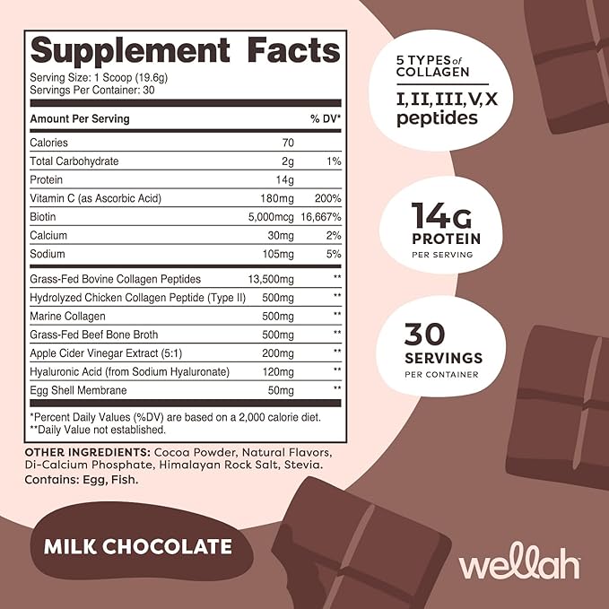 Wellah The Afterglow Multi Collagen Protein + Beauty (30 Servings, Chocolate) - Hair, Skin, Nail & Joint Support - Non-GMO & Gluten Free