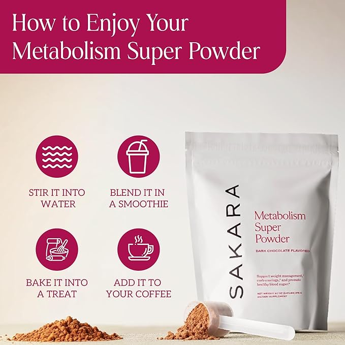 SAKARA Metabolism Super Powder - Natural Metabolism Booster for Gut Health, Bloating, Digestive Enzymes Supplements for Women, Appetite Control - Vegan, Non-GMO, Dark Chocolate Flavor - 24 Servings