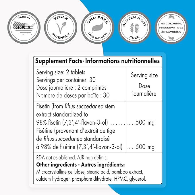 Supersmart - Fisetin 500mg per Day (Easy-to-Take) - 98% Pure Fisetin Supplement - Highly Bioavailable Polyphenol - Potent Senolytic Activator | Non-GMO & Gluten Free - 60 Tablets