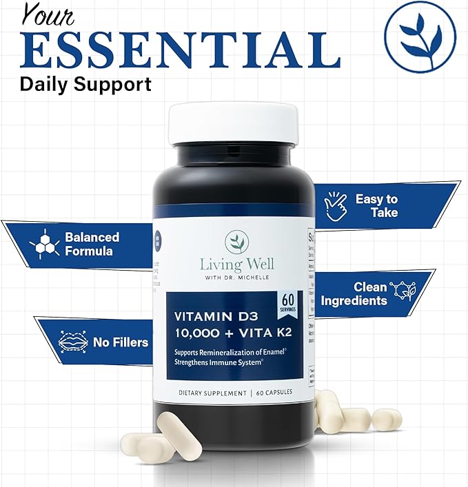 Vitamin D3 10,000 IU with K2 – Immune, Teeth, Bone Health Support, Non-GMO, Gluten & Dairy Free, 60 Day Supply, 60 Capsules