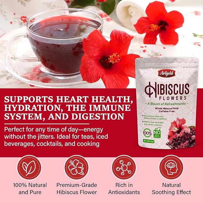 Arigold Pure Whole Petals Hibiscus Tea 1lb โ Organic Dried Hibiscus Flowers,Flor de Jamaica, Hibiscus Sabdariffa, Bissap, Sorrel, hibiscus tea loose leaf Herbal Tea for Agua Fresca, Cocktails, Iced Tea & Hot Tea | Caffeine-Free & Rich in Antioxidants.