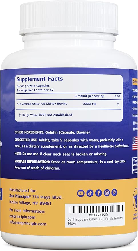 Zen Principle Grass Fed Beef Kidney Supplement, 210 Capsules, 3000 mg. DAO Enzyme for Histamine Health. Selenium and B12 for Thyroid Support.