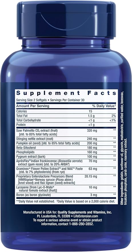 Life Extension Ultra Prostate Formula, Saw Palmetto for Men, pygeum, stinging Nettle Root, lycopene, Prostate Health, Urination Flow, PSA, Non-GMO, Gluten-Free, 60 softgels