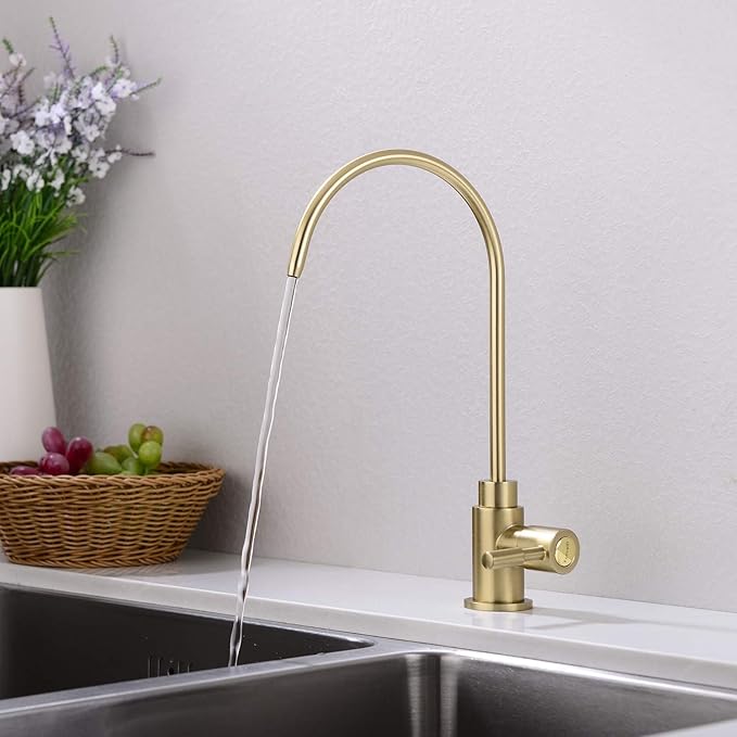 Drinking Water Faucet, Reverse Osmosis Brushed Gold Single Handle Solid Brass Kitchen Bar Sink Drinking Water Faucet Filtration Non-Air Gap Non-Air Gap