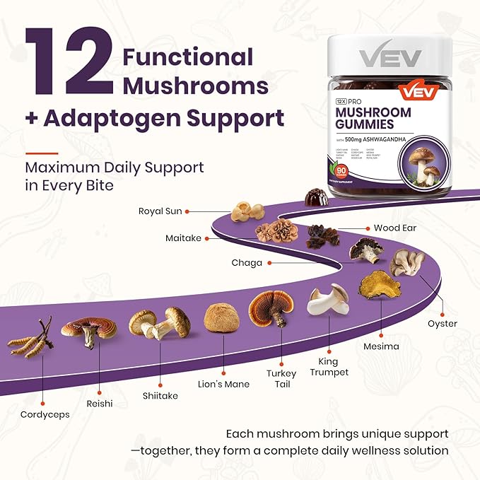 VEV Mushroom Gummies for Adults - 12x Mushroom Supplement with Lions Mane, Reishi, Cordyceps, and Turkey Tail - Ashwagandha - 90 Vegan Gummies