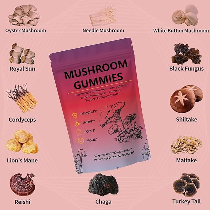 Mushroom Gummies – Delicious Vegan Supplement with 12 Mushroom Extract Blend for Focus, Energy & Wellness (60 Gummies)