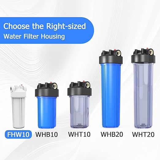 FHW10 Whole House Water Filter Housing, Fit 10"x2.5" Sediment etc Filters for Well and City Water, Pre-Filtration System for Home, 3/4" NPT Port, Pressure Release