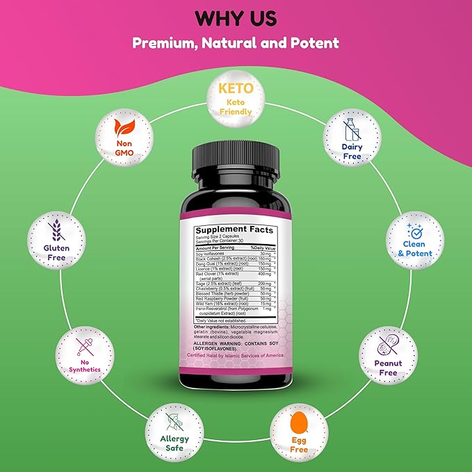 Hormones Balance & Menopause Supplements for Women, Menopause Relief - Support for Hot Flashes, Mood Swings w/Black Cohosh & Red Clover Halal Vitamins, 30 Servings
