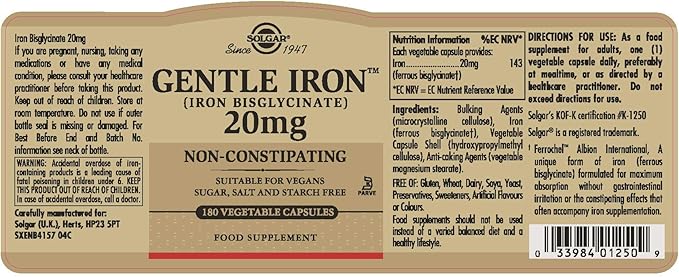 Solgar Gentle Iron, 180 Vegetable Capsules - Ideal for Sensitive Stomachs - Non-Constipating - Red Blood Cell Supplement - Non GMO, Vegan, Gluten-Free, Dairy Free, Kosher - 180 Servings