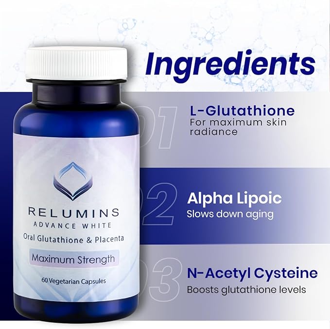Relumins Advanced White Glutathione Capsules - Max Strength Brightening Supplement with ALA, Placenta, Rose HIPS & Vitamin C - Fights Oxidative Stress, Supports Collagen & Youthful Skin - 60 Caps