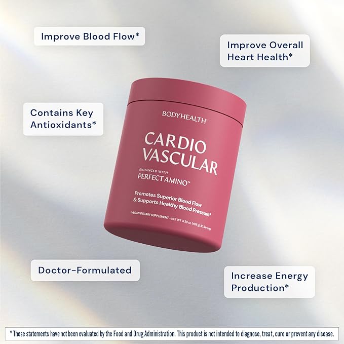 BodyHealth Cardio Vascular with PerfectAmino, Blood Flow and Heart Health Supplement Support with CoQ10, Nicotinamide Riboside, Resveratrol and D-Ribose, Chocolate Flavor, 30 Servings