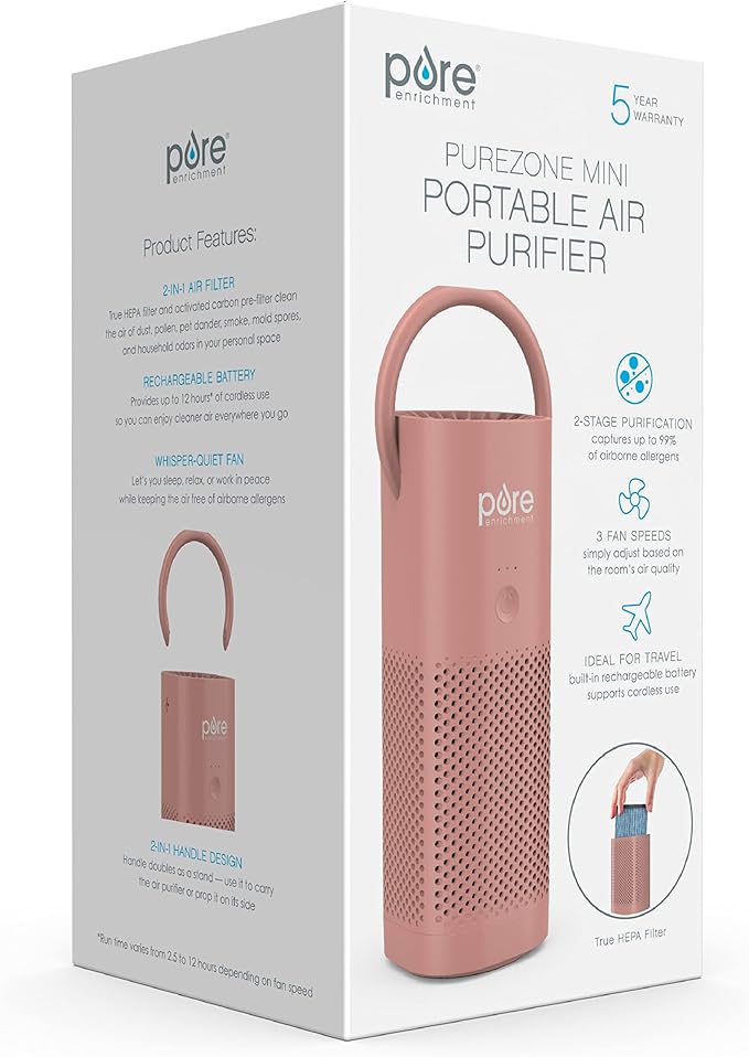 Pure Enrichment PureZone Mini Portable Air Purifier - Cordless True HEPA Filter Cleans Air & Eliminates 99.97% of Dust, Odors, & Allergens Close to You - Cars, School, & Office (Blush)