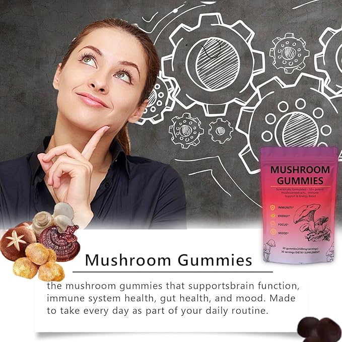 Mushroom Gummies – Delicious Vegan Supplement with 12 Mushroom Extract Blend for Focus, Energy & Wellness (60 Gummies)