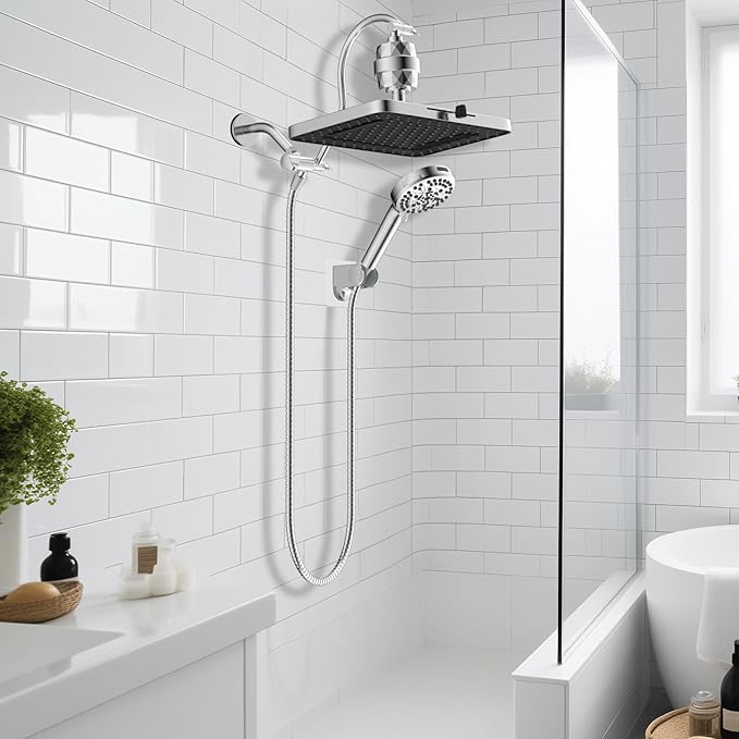 Hibbent Upgraded 5-spray 13'' Dual Filtered Rainfall Shower Head Combo, High Pressure 10-setting Handheld Shower Head with 12'' Adjustable Extension Arm, 20 Stage Shower Filter, 71'' Hose, Chrome
