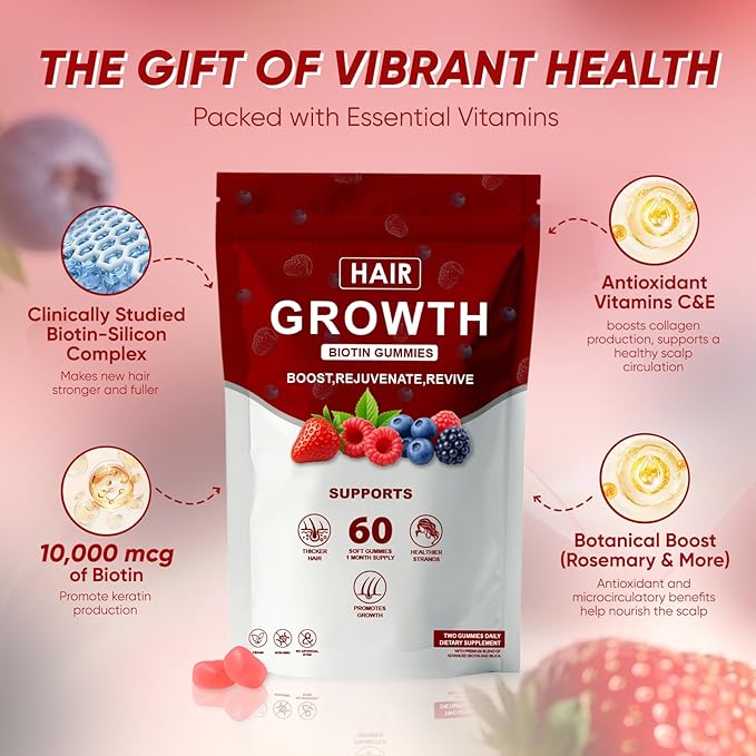 Hair Growth Gummies, Biotin, Vitamins & Plant Extracts Infused, Supports Healthy Hair Growth & Strength, Skin & Nail Care, Non-GMO, 60 Soft Chews