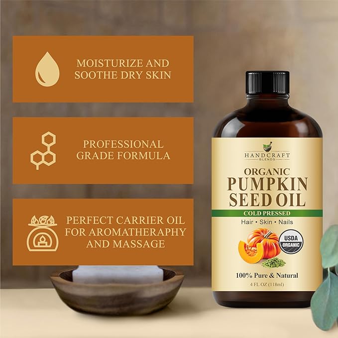 Handcraft Blends Cold-Pressed Organic Pumpkin Seed Oil in Glass Bottle - 4 Fl Oz - 100% Pure and Natural - Premium Grade Carrier Oil for Hair, Skin, Nails, and Body - Massage - Aromatherapy