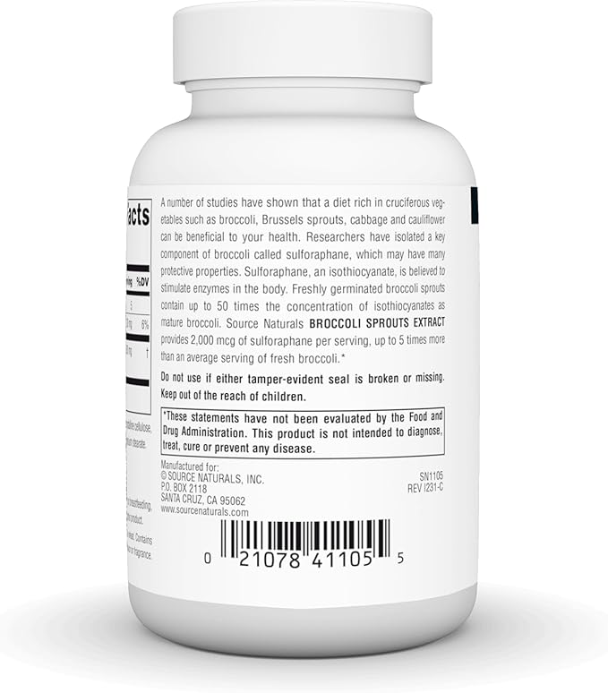 Source Naturals Broccoli Sprouts Extract, Containing Up to 50 Times The Concentration of Isothiocyanates as Mature Broccoli, 250 mg - 120 Tablets