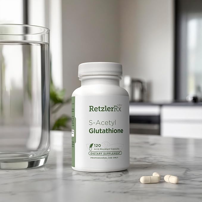 RetzlerRx S-Acetyl Glutathione Supplement 100 mg. per Capsule, Made in USA - 120 Acid-Resistant Capsules - Antioxidant Support - Non-GMO, Soy & Gluten-Free / Bergaflow®, Pharmaceutical Grade