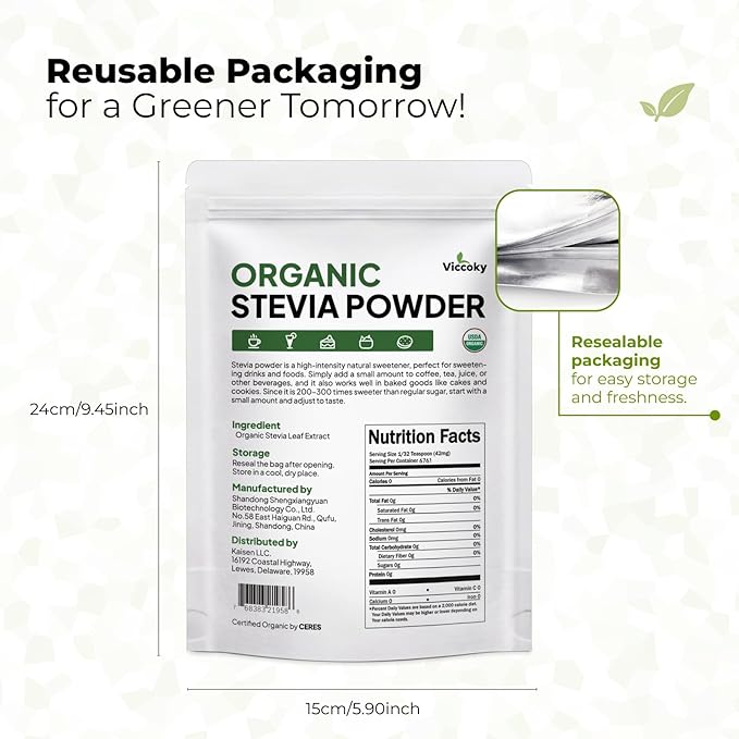 Viccoky Organic Stevia Powder, Pure Stevia Extract Powder, Sugar-Free & 0 Calories, No Additives, Sugar Substitute, Natural Sweetener, 10oz (284g)