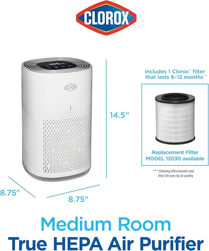 Clorox Air Purifiers for Home, True HEPA Filter, Medium Rooms Up to 1,000 Sq Ft, Removes 99.9% of Mold, Viruses, Wildfire Smoke, Allergens, Pet Allergies, Dust, AUTO Mode, Whisper Quiet