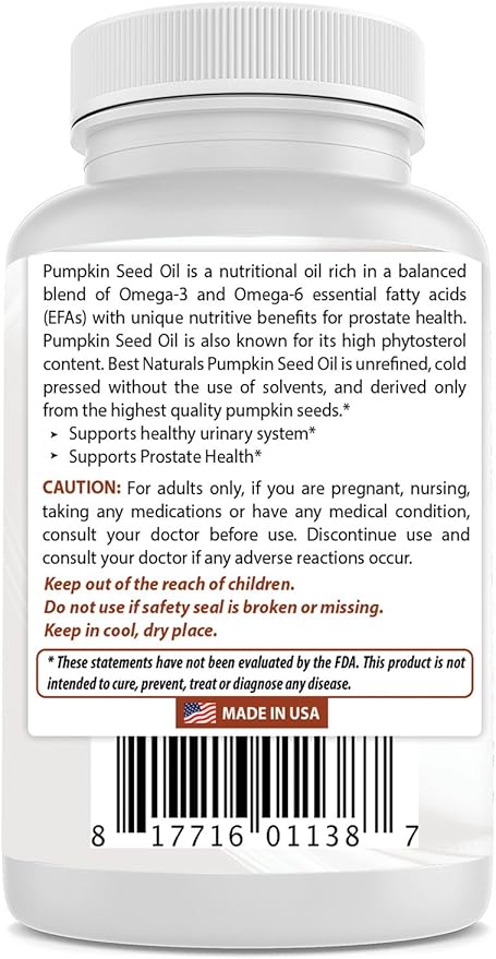 Best Naturals Pumpkin Seed Oil Bladder Control 1000 mg 180 Softgels