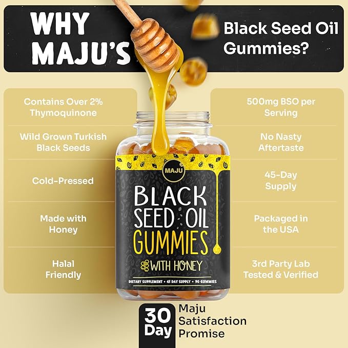 MAJU's Black Seed Oil Gummies with Honey 90ct, 500mg BSO Gummy, Black Cumin Seed Nigella Sativa Oil, Cold-Pressed, Potent Formula, 90ct (3-Pack)