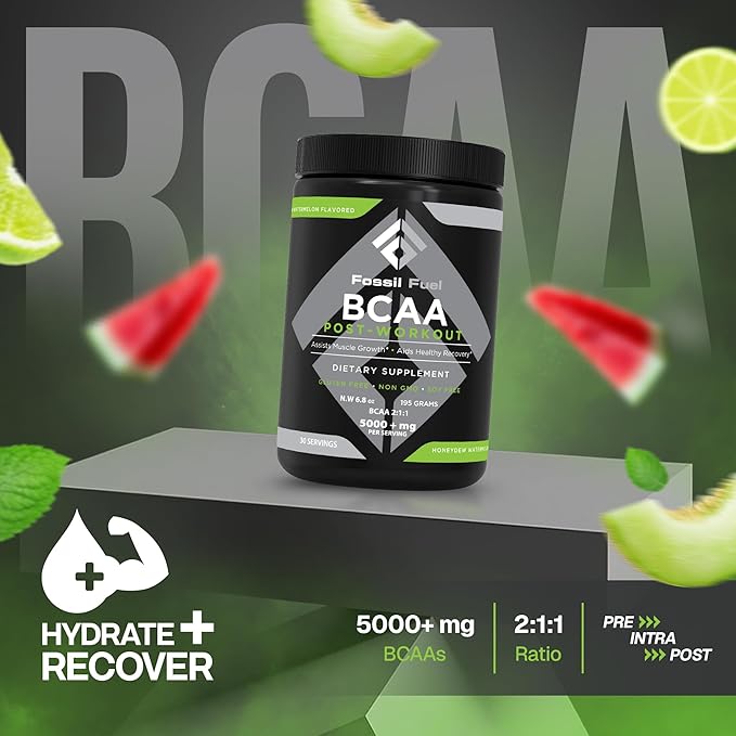 Fossil Fuel BCAA Sugar-Free Post-Workout Powder with BCAA’s, Glutamine, Vitamin B6 After Workout, Amino Acids for Muscle Recovery, Endurance and Hydration, Honeydew Watermelon (30 Servings)