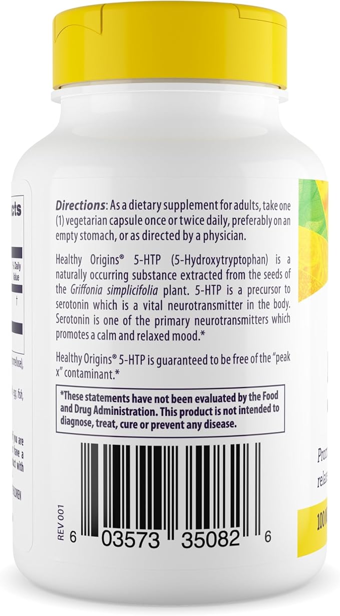 Healthy Origins - 5-HTP 100mg, 120 Veggie Capsules, (5-Hydroxytryptophan), Non-GMO, Gluten-Free, Vegan