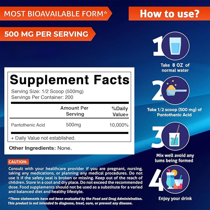 Vitamatic Pantothenic Acid Pure Powder 500 mg per Serving - 100 Grams - Also Called Vitamin B5-200 Servings