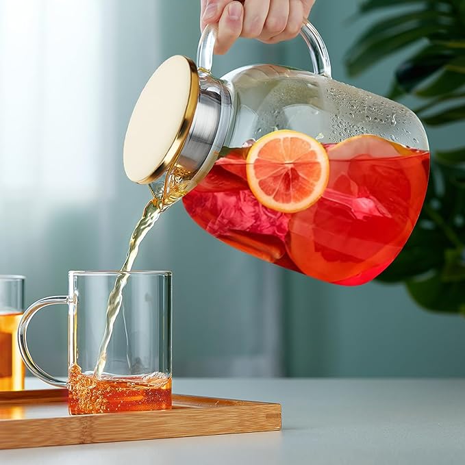 2L 68OZ Glass Pitcher with Lid and Spout, Water Jug, Glass Water Pitcher Carafe for Hot/Cold Water 2000ml for Fridge, Large Iced Tea Jug for Homemade Beverage