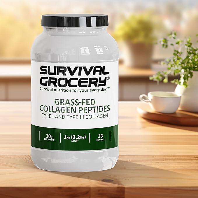 Survival Grocery® Collagen Peptides Powder – Grass Fed Hydrolyzed Collagen Protein Supplement, Types I & III, Unflavored, Gluten Free, Keto Friendly, Non-GMO, Dairy Free, 1kg, 1 Jug