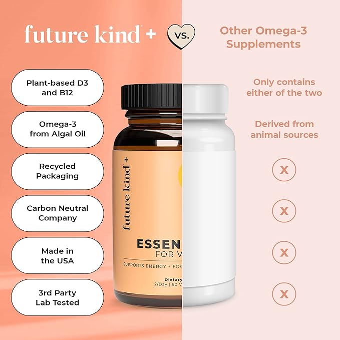 Future Kind Vegan Multivitamins - Glass Bottle & Made for Vegans with Omega 3 DHA, EPA, Vitamin B12 & D3 for Energy, Focus, & Mood (60 Softgels)