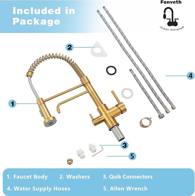 3 Way Kitchen Faucet, Drinking Water Faucet, Filter Kitchen Faucet for Water Filtration System, 3 in 1 Commercial Style Pull-Down 2 Handles, Brushed Gold