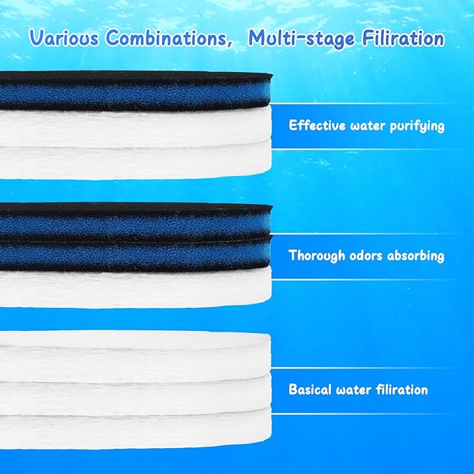 12 Pcs Replacement Canister Filter Pads Compatible with PONDFORSE 172/225/265GPH, Aquarium Filter Floss for AMOSIJOY Canister Filter(6 White Floss Pads & 6 Coarse Filter Pads with Actived Carbon)