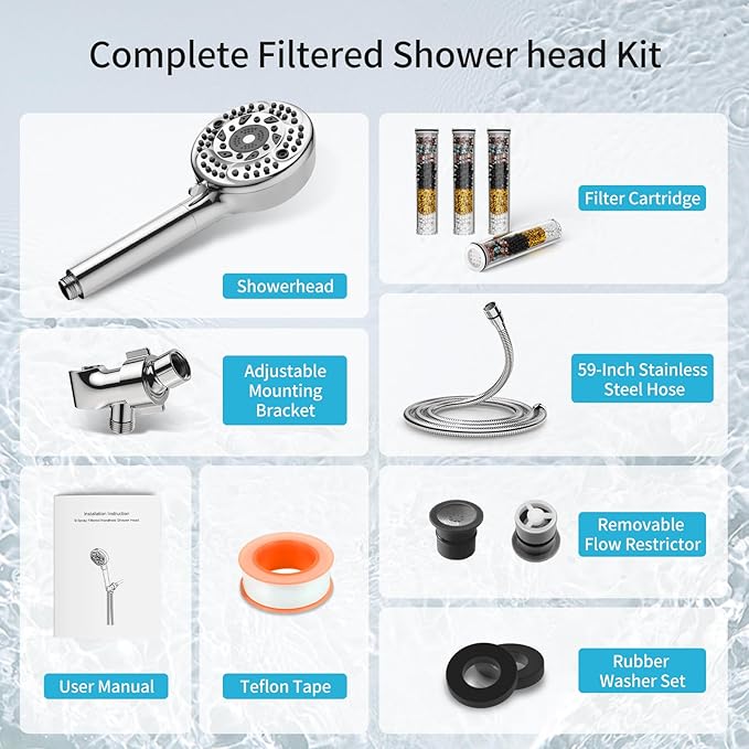Filtered Shower Head with Handheld, 9 Spray Mode High Pressure Shower Head with 4 Filters, Hard Water Filter Showerhead - Remove Chlorine, Chrome