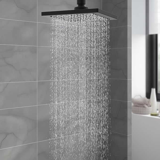 Hibbent Thickness Metal Rain Shower Head, 6'' High Pressure Rainfall Shower Head, Square Bathroom Waterfall Shower Heads, High Flow Fixed Showerheads with Adjustable Brass Ball Joint, Matte Black