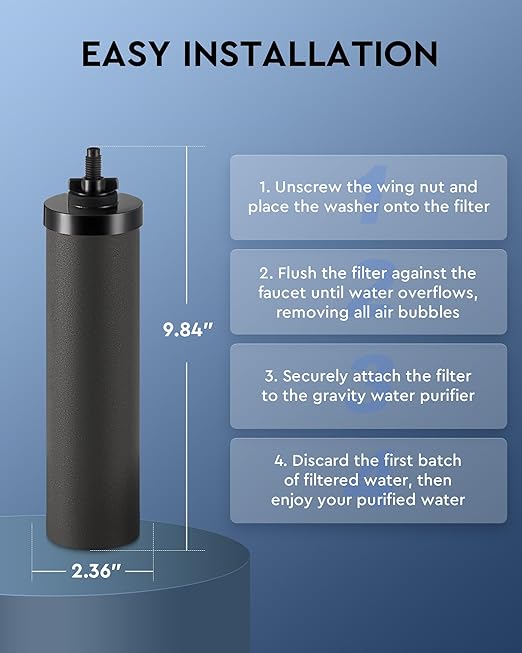 Gravity Fed Water Filter, 2 Activated Carbon Filters for Home, Travel, and Outdoor Use - NSF/ANSI 42 Certified Purification Elements Replacement